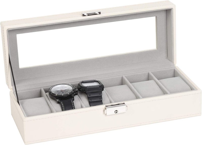 NEX Watch Case, 6 Slot Leather Watch Box Display Case Organizer Glass Jewelry Storage - Image 1